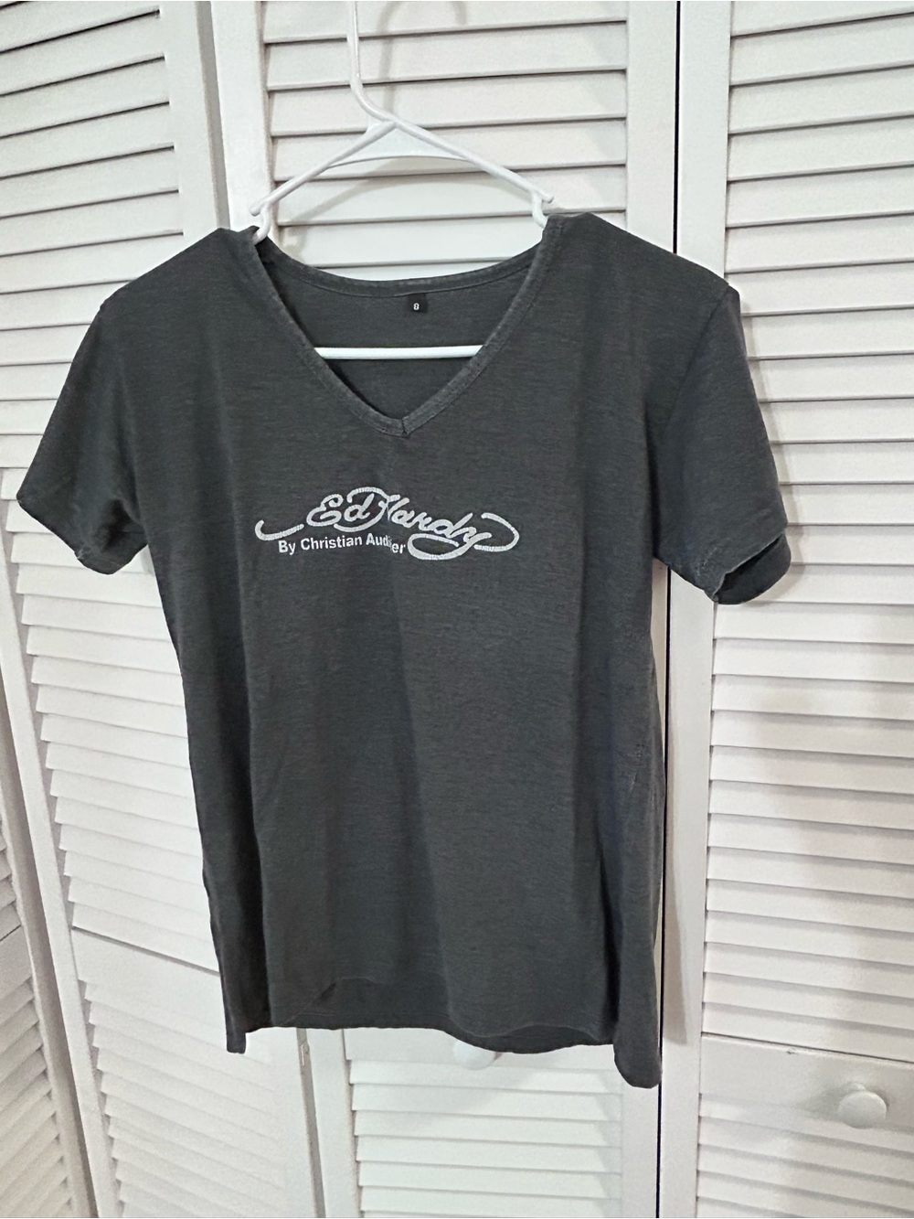 Ed Hardy Charcoal V-Neck Logo Tee
